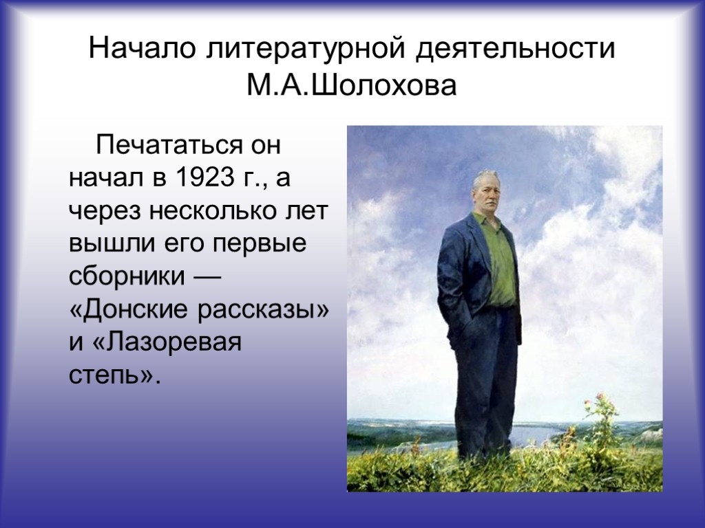 Начало литературной деятельности М.А.Шолохова Печататься он начал в 1923 г., а через несколько лет